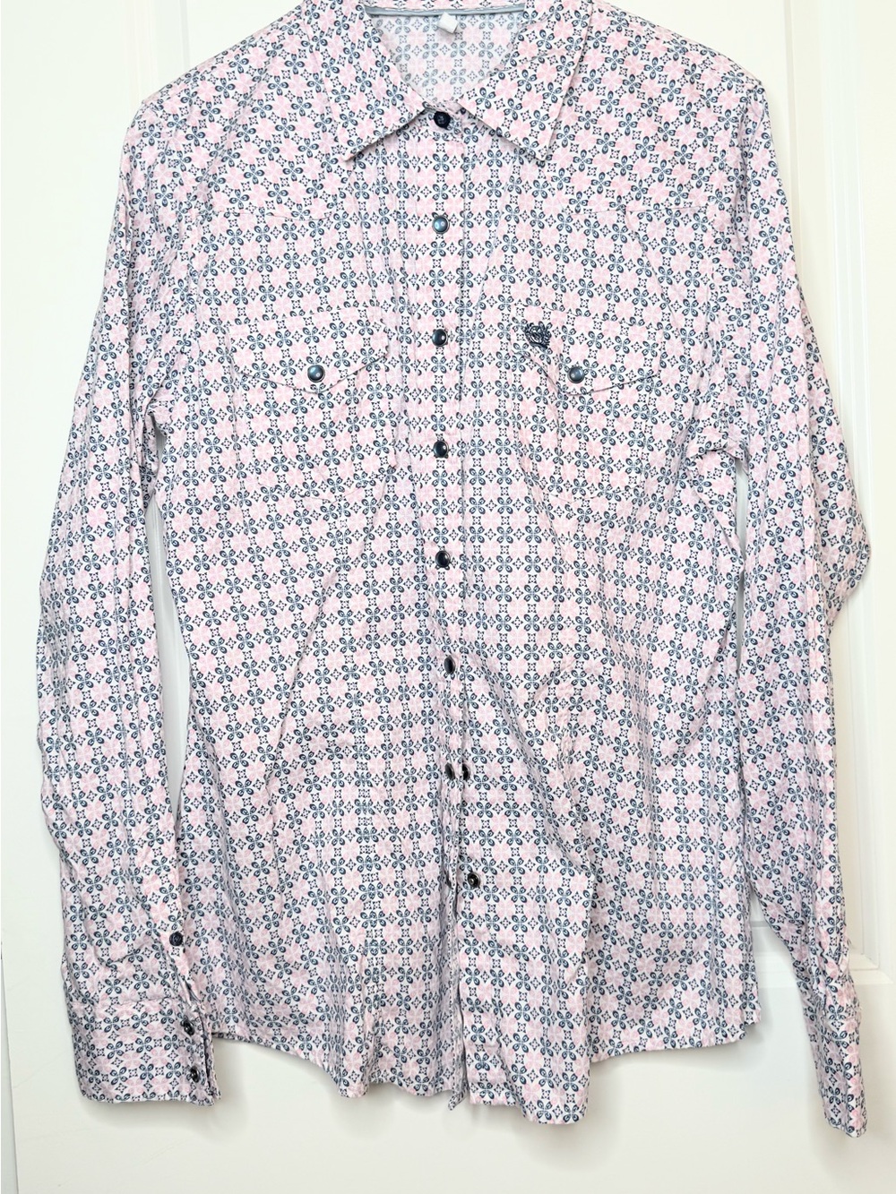 Cinch Womens XL Western Snap Shirt Pink Blue Geometric Print Cotton Rodeo